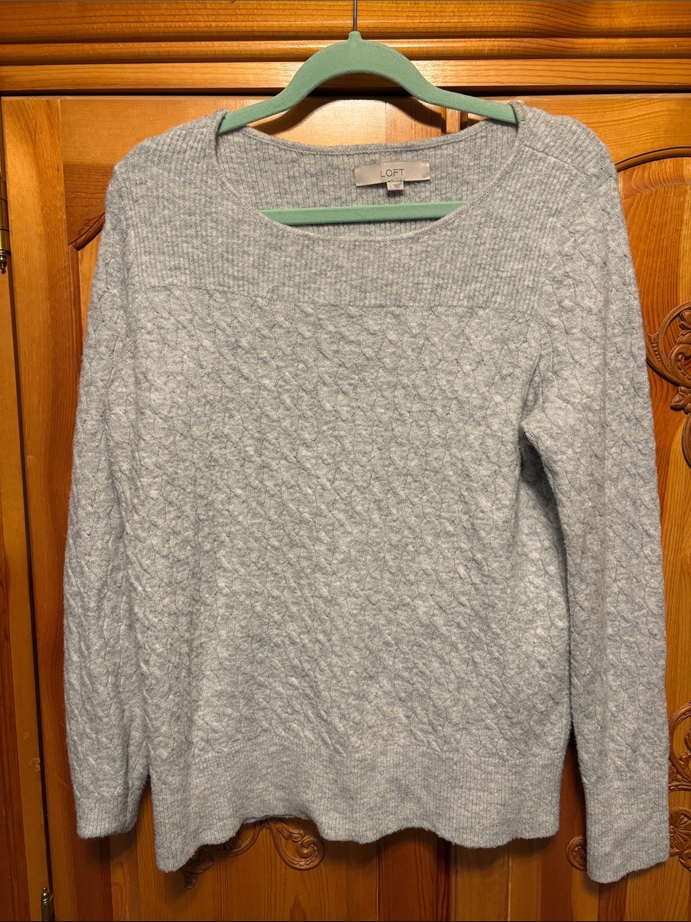 LOFT Heather Gray Cable Knit Crewneck Sweater